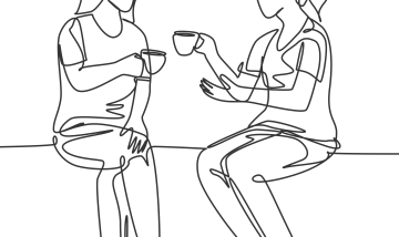 Simple line drawing graphic of two people sitting having a hot drink.