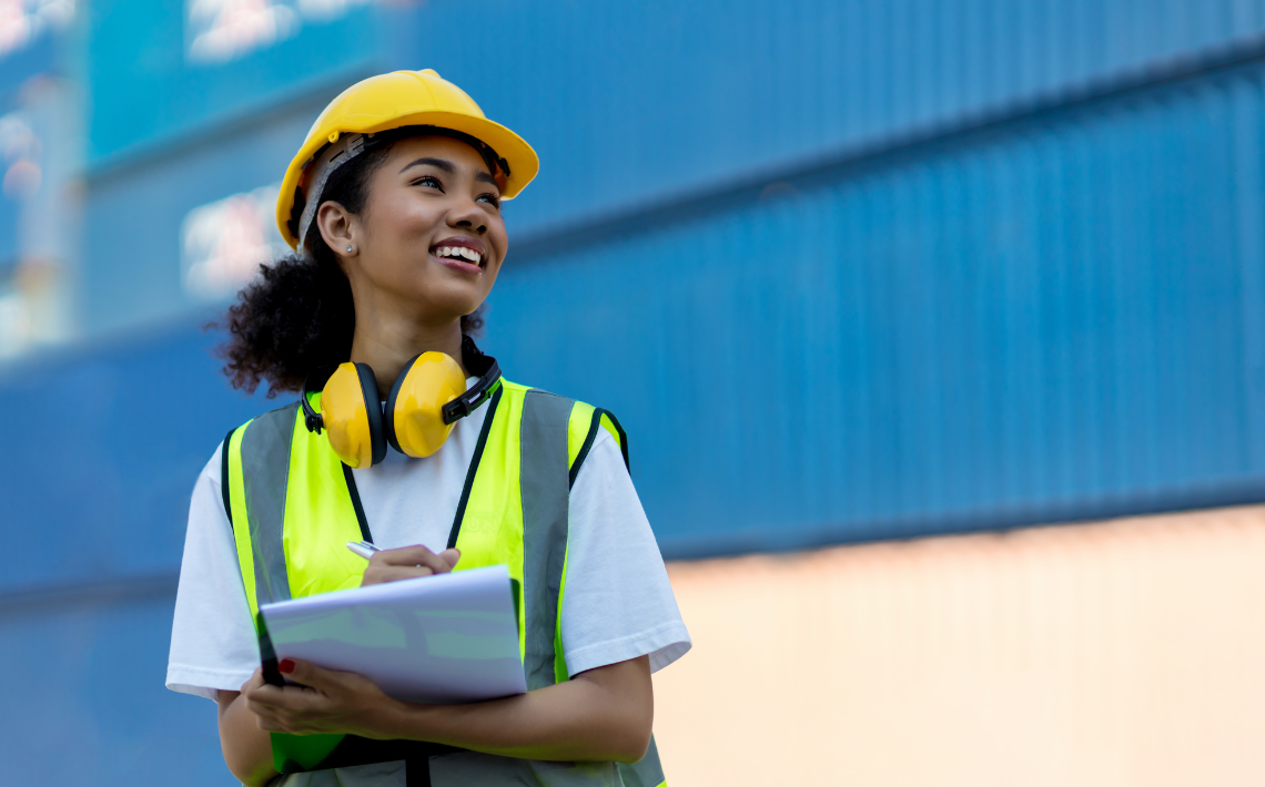 Young female worker in hard hat