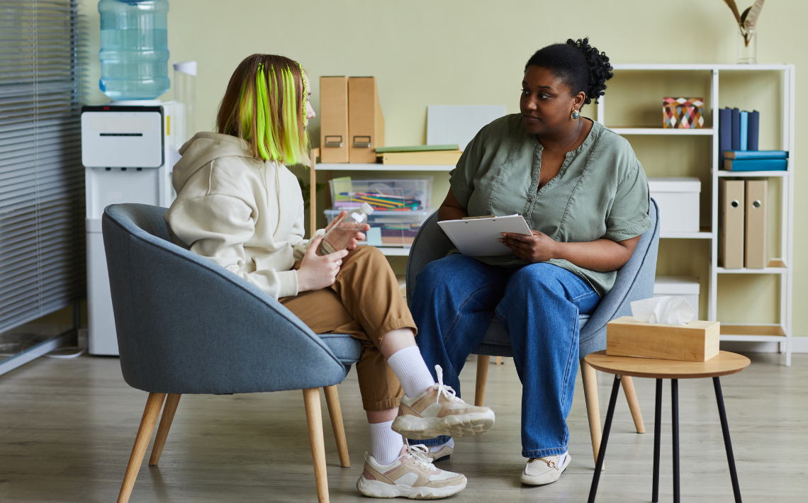 Young person in meeting with support worker or professional