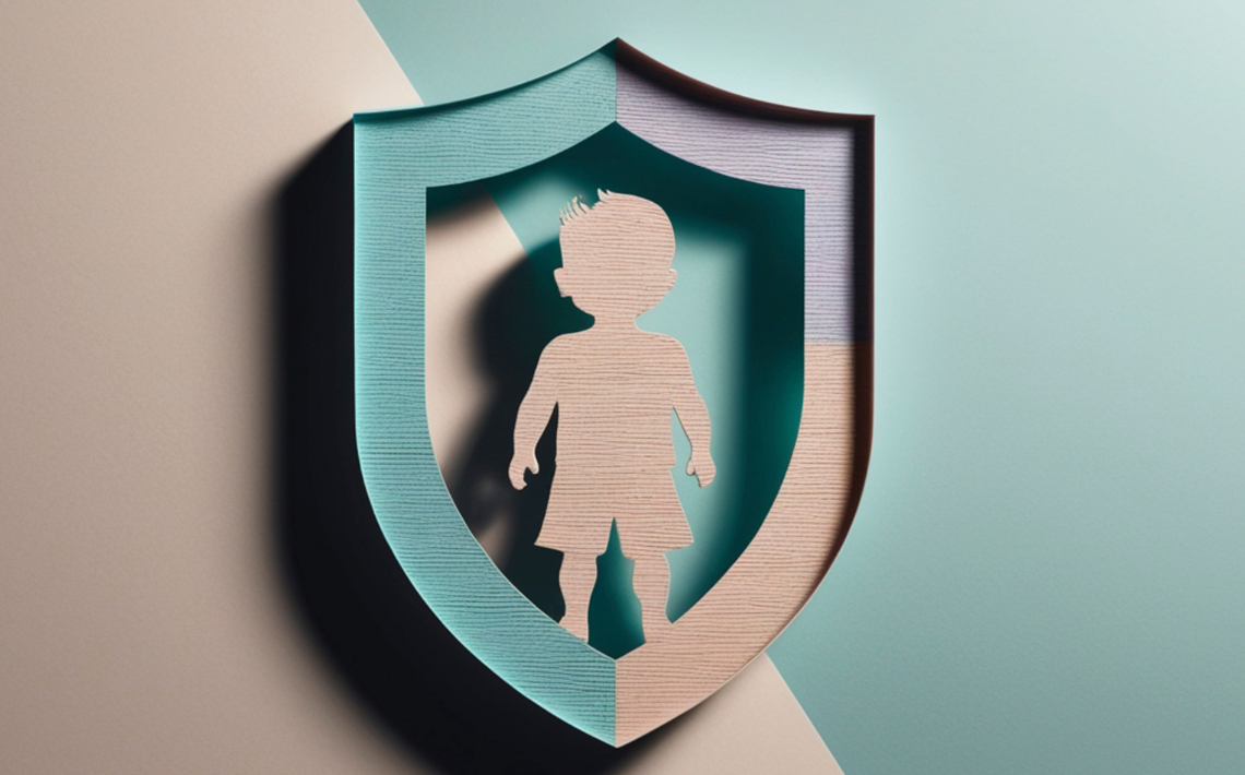 Shield with silhouette of a child inside