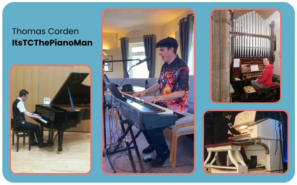 Four potos of Thomas Corden ItsTCThe PianoMAan - plyaing piano and organ. Thomas is a young white male.