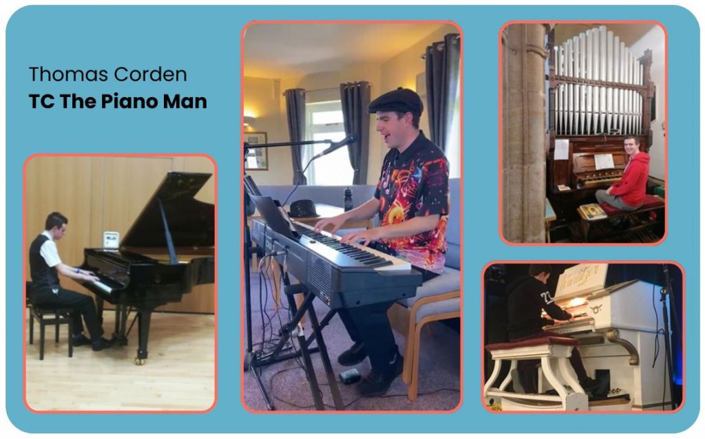 montage of 4 photos of young white male playing the piano and /or organ