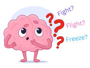 Picture of a confused brain with fight, flight or freeze text