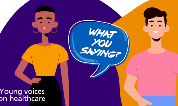 Cartoon graphic depicting two young people and a speech bubble saying, 