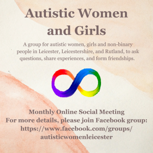 Autistic Women and Girls poster - showing rainbow infinity loop neurodiversity symbol