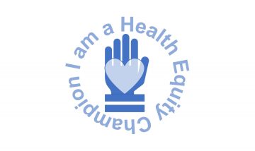 Logo with a heart on a hand and the text 'I am a Health Equity Champion' around it