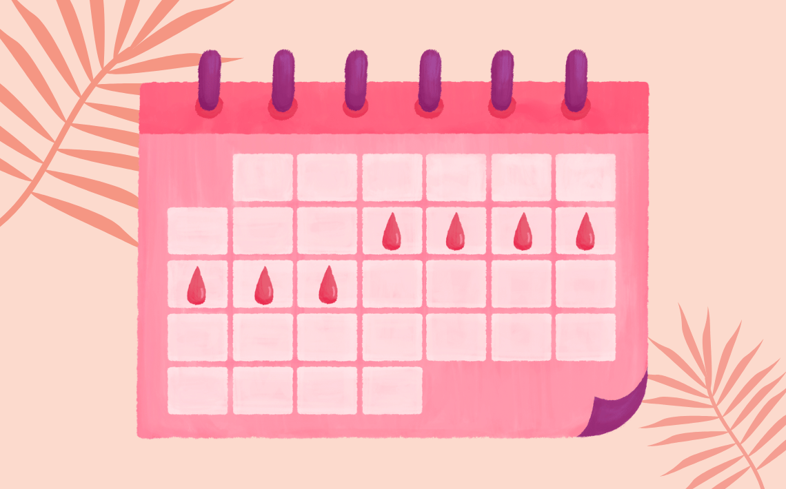picture of a calendar showing days of menstruating signified by drops of blood