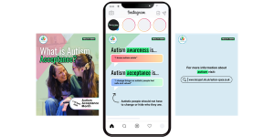 An image of a phone showing a series of social media posts about autism acceptance