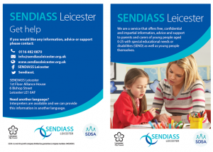 Poster for SENDIASS service =- showing a parent and child looking at a piece of paper on a table