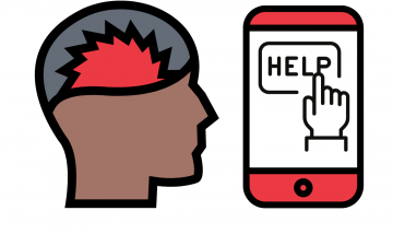 head with red spikey shape in brain area, phone with help icon