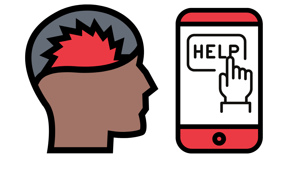 head with red spikey shape in brain area, phone with help icon