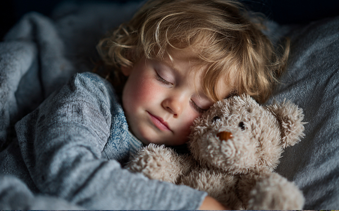 Child fast asleep with teddy bear in bed