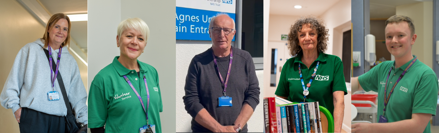 A collage of five individuals in various NHS settings. The first person stands in a corridor wearing a grey hoodie and an NHS ID badge. The second person wears a green Volunteer Service polo shirt and an NHS lanyard. The third person stands in front of a sign reading ‘Agnes Unit Main Entrance,’ wearing a dark top and an NHS lanyard. The fourth person wears a green NHS top and stands beside a trolley of books. The fifth person is in a clinical environment wearing a green NHS polo shirt and an NHS lanyard
